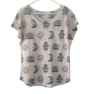 Gaze USA Hamsa Hand Star Moon Sun Top Womens Large Ivory Black Short Sleeve Knit